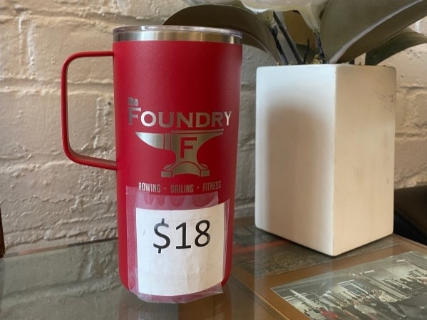 red coffee travel mug with handle